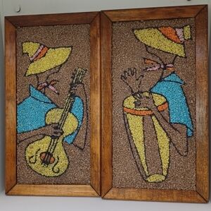 Vintage MidCentury Gravel Wall Art Musician Guitar Player Caribbean Mambo set 2